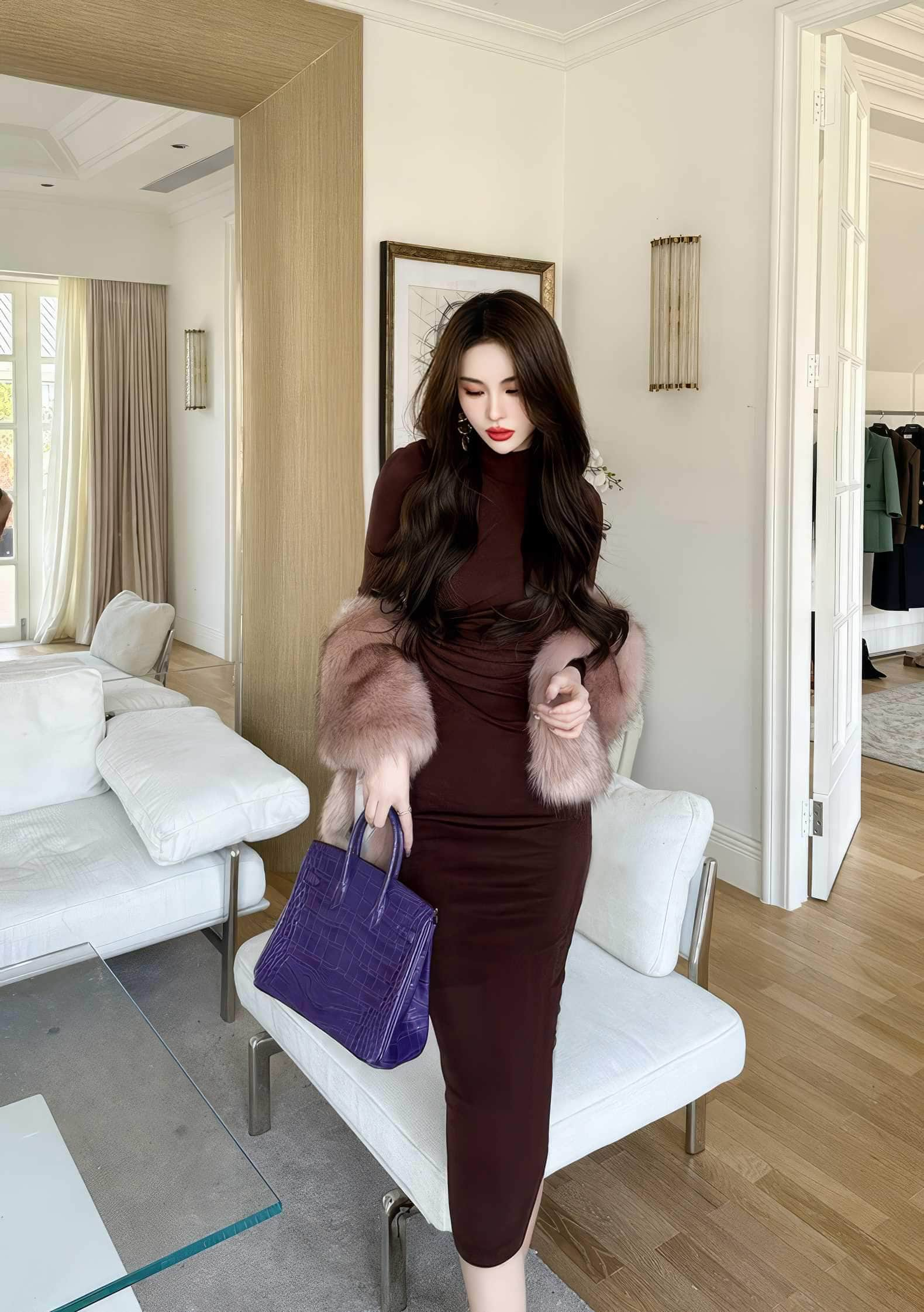 High Neck Long Sleeves Pleated Bodycon Dress