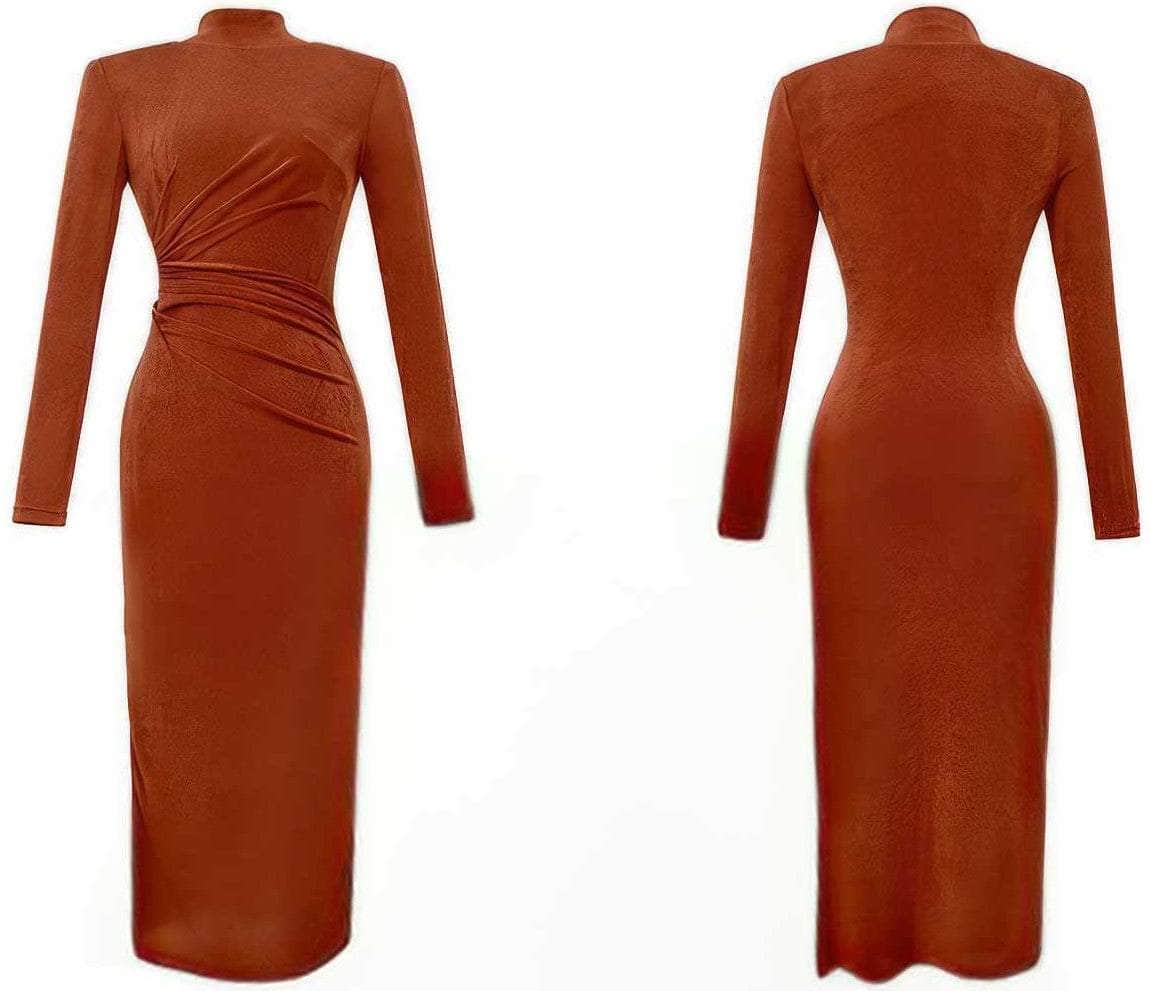 High Neck Long Sleeves Pleated Bodycon Dress