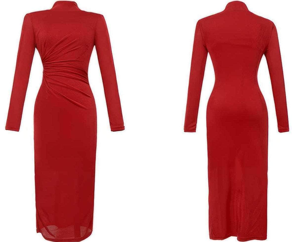 High Neck Long Sleeves Pleated Bodycon Dress