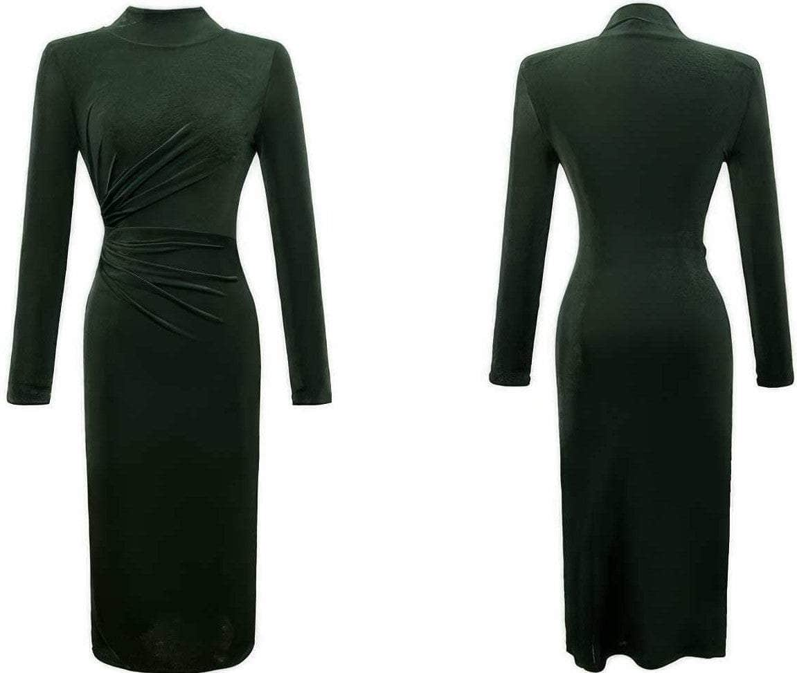 High Neck Long Sleeves Pleated Bodycon Dress