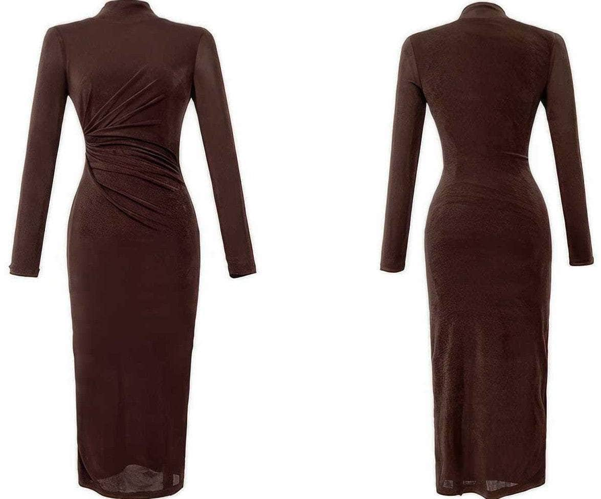 High Neck Long Sleeves Pleated Bodycon Dress