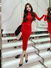 High Neck Long Sleeves Pleated Bodycon Dress