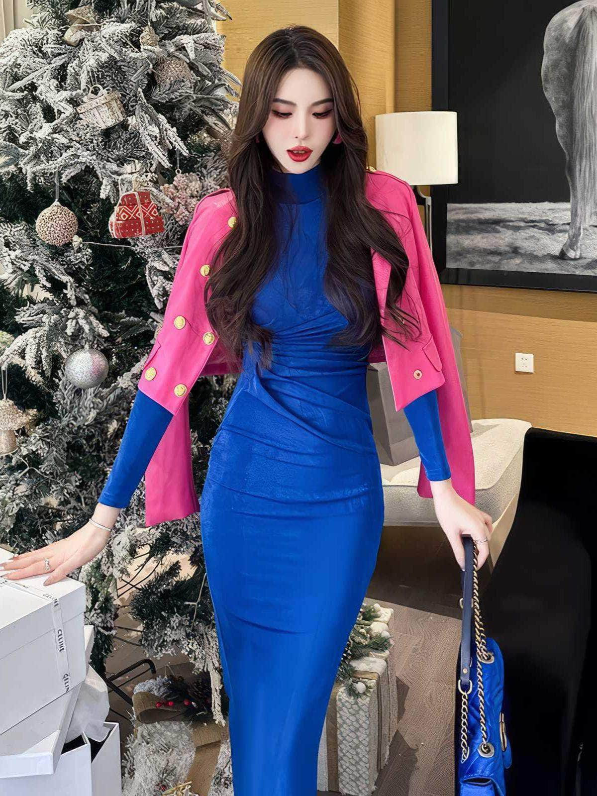 High Neck Long Sleeves Pleated Bodycon Dress S / Blue