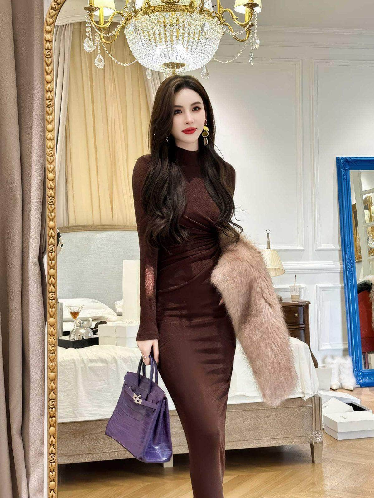 High Neck Long Sleeves Pleated Bodycon Dress S / Brown