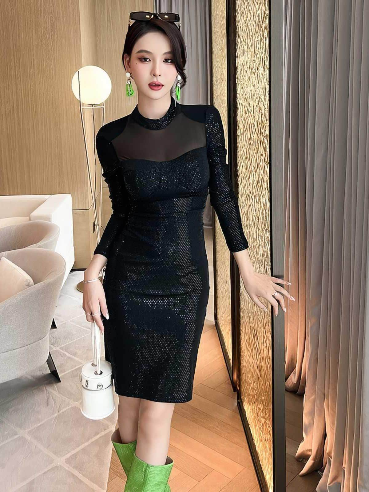 High Neck Mesh Longsleeves Sequin Mini Dress