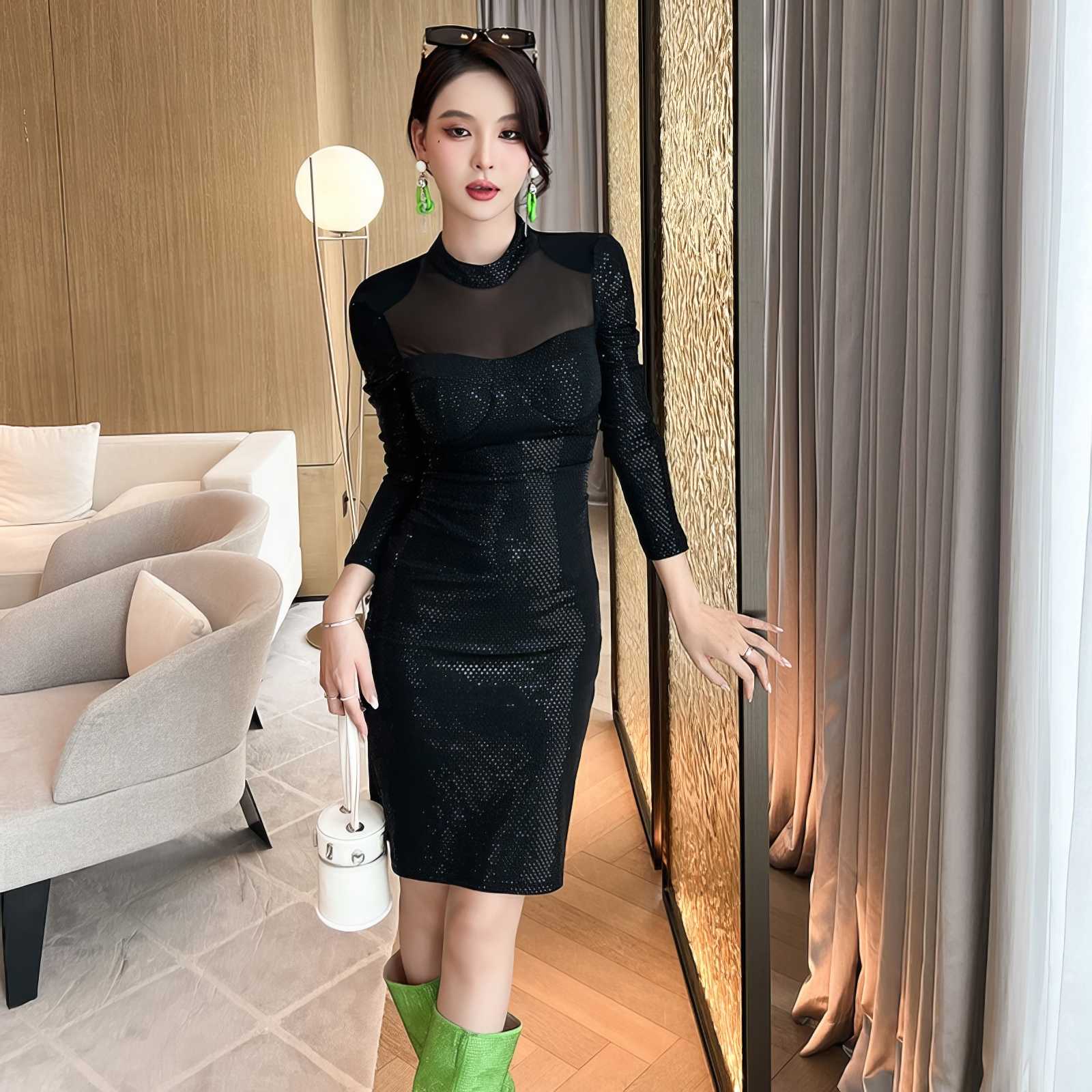 High Neck Mesh Longsleeves Sequin Mini Dress