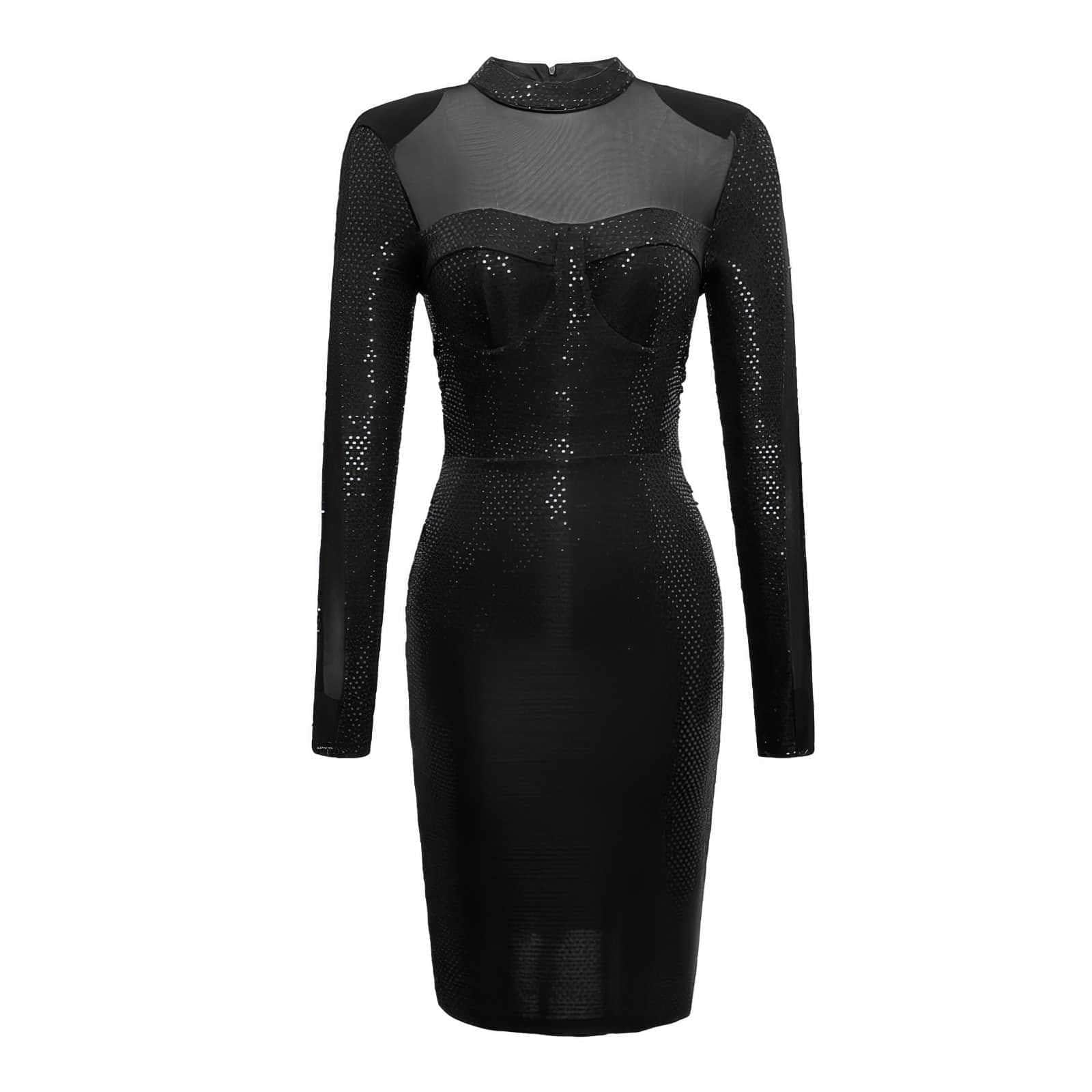 High Neck Mesh Longsleeves Sequin Mini Dress