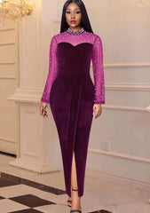 High Neck Pearl-Studded Mesh Velvet Dress US 4-6 / Purple