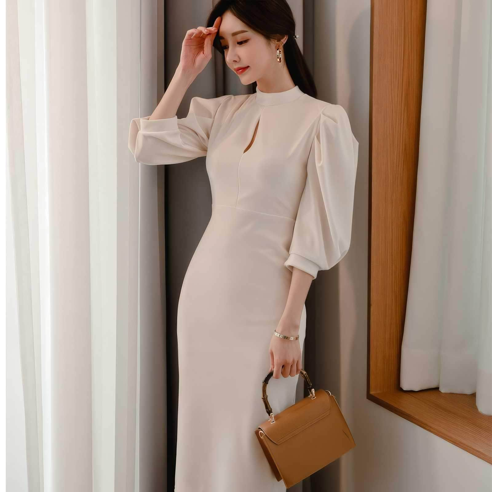 High Neck Puff Pleated Sleeves Cutout Detail Dress