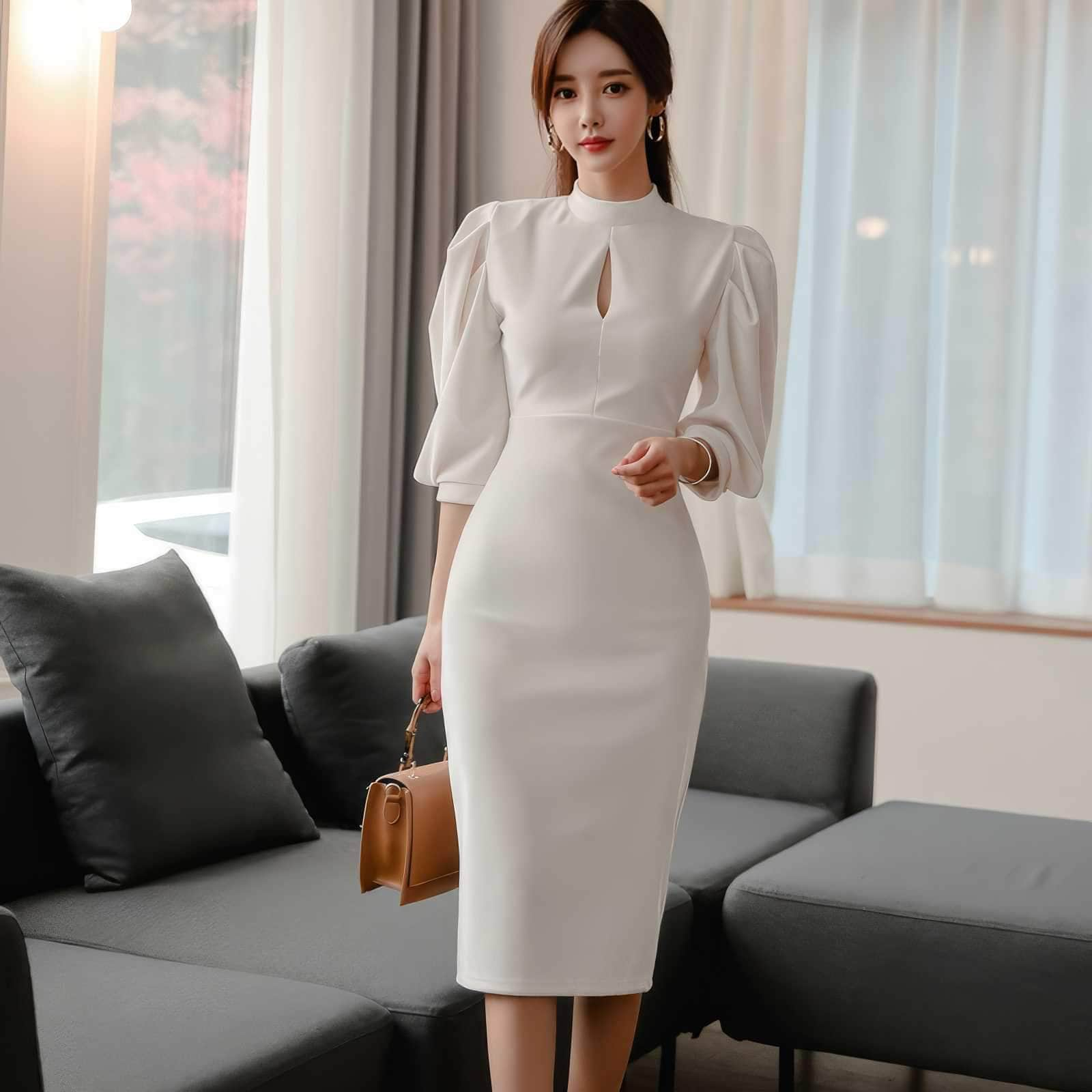 High Neck Puff Pleated Sleeves Cutout Detail Dress