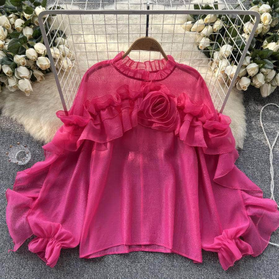 High Neck Ruffled Lantern Sleeves Blouse