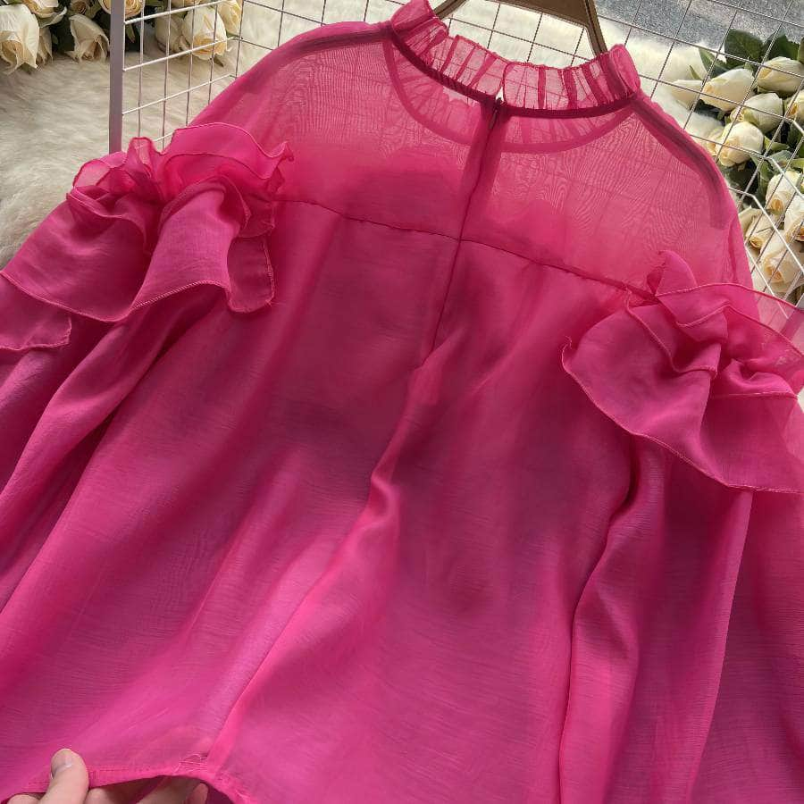 High Neck Ruffled Lantern Sleeves Blouse