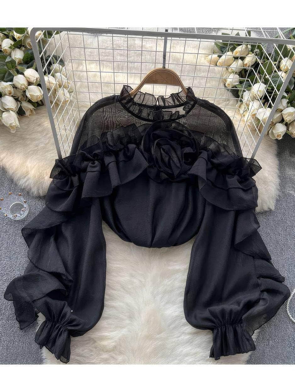 High Neck Ruffled Lantern Sleeves Blouse MAX SIZE / Black