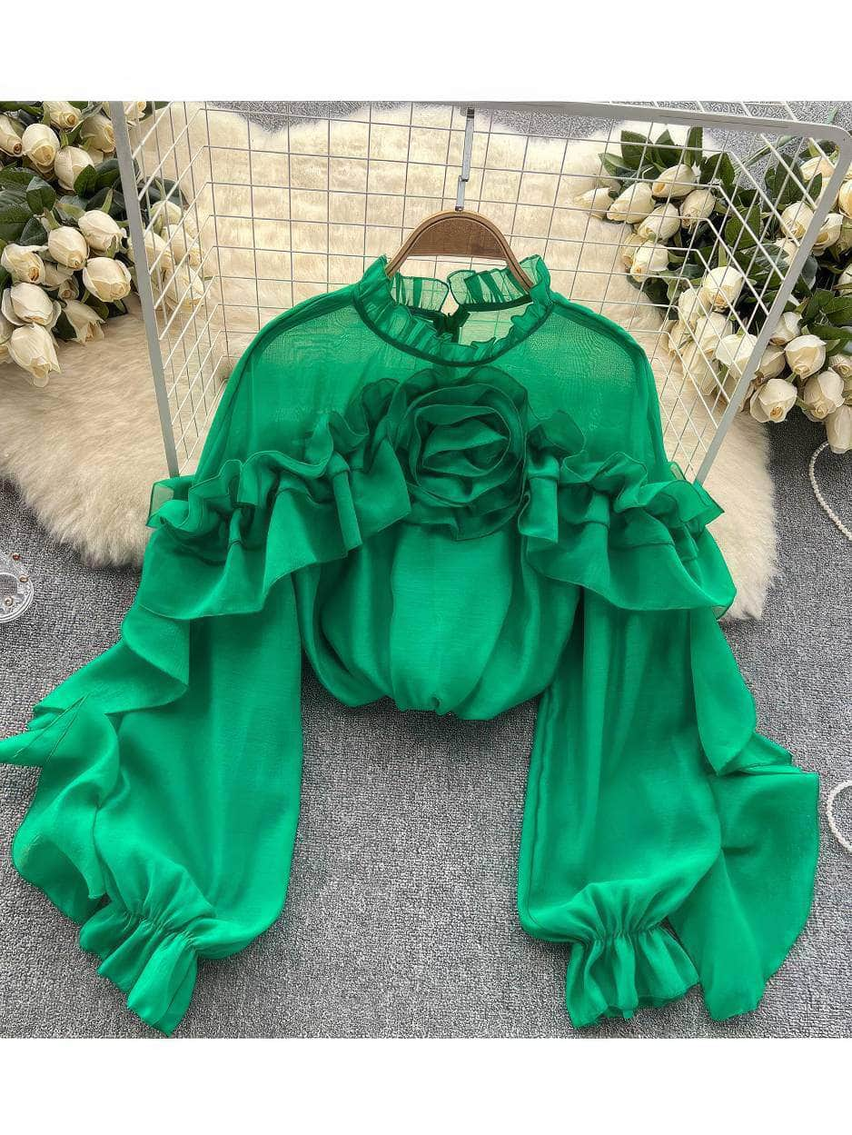 High Neck Ruffled Lantern Sleeves Blouse MAX SIZE / Green