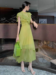 High Neck Ruffled Layered Flared Dress