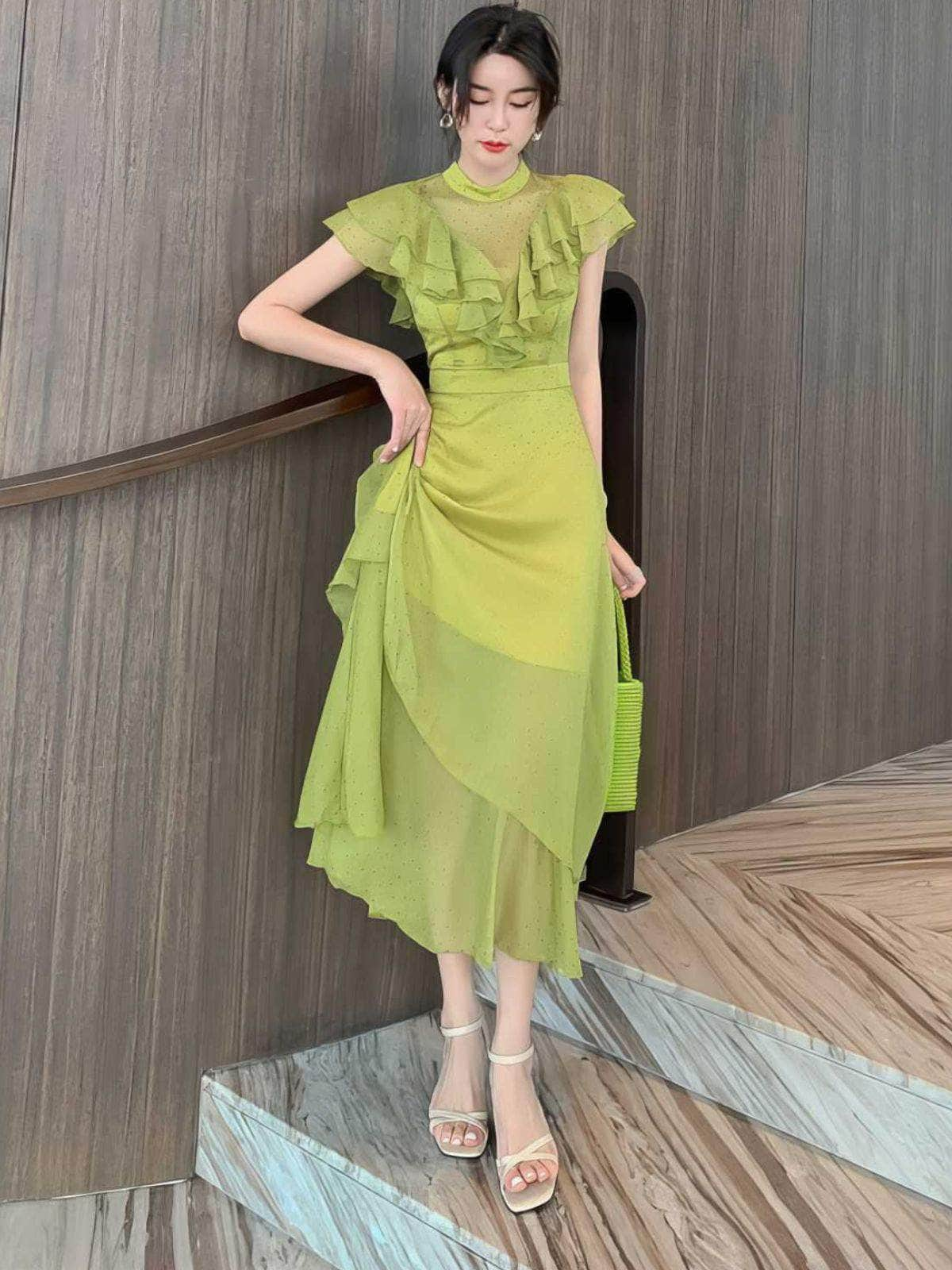 High Neck Ruffled Layered Flared Dress S / YellowGreen