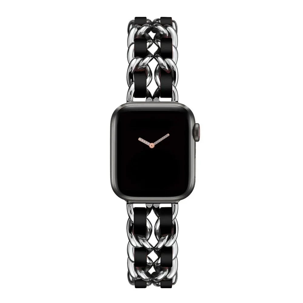 High-Quality Metal Leather Strap for Apple Watch Band Silver Black / 38 or 40 or 41mm