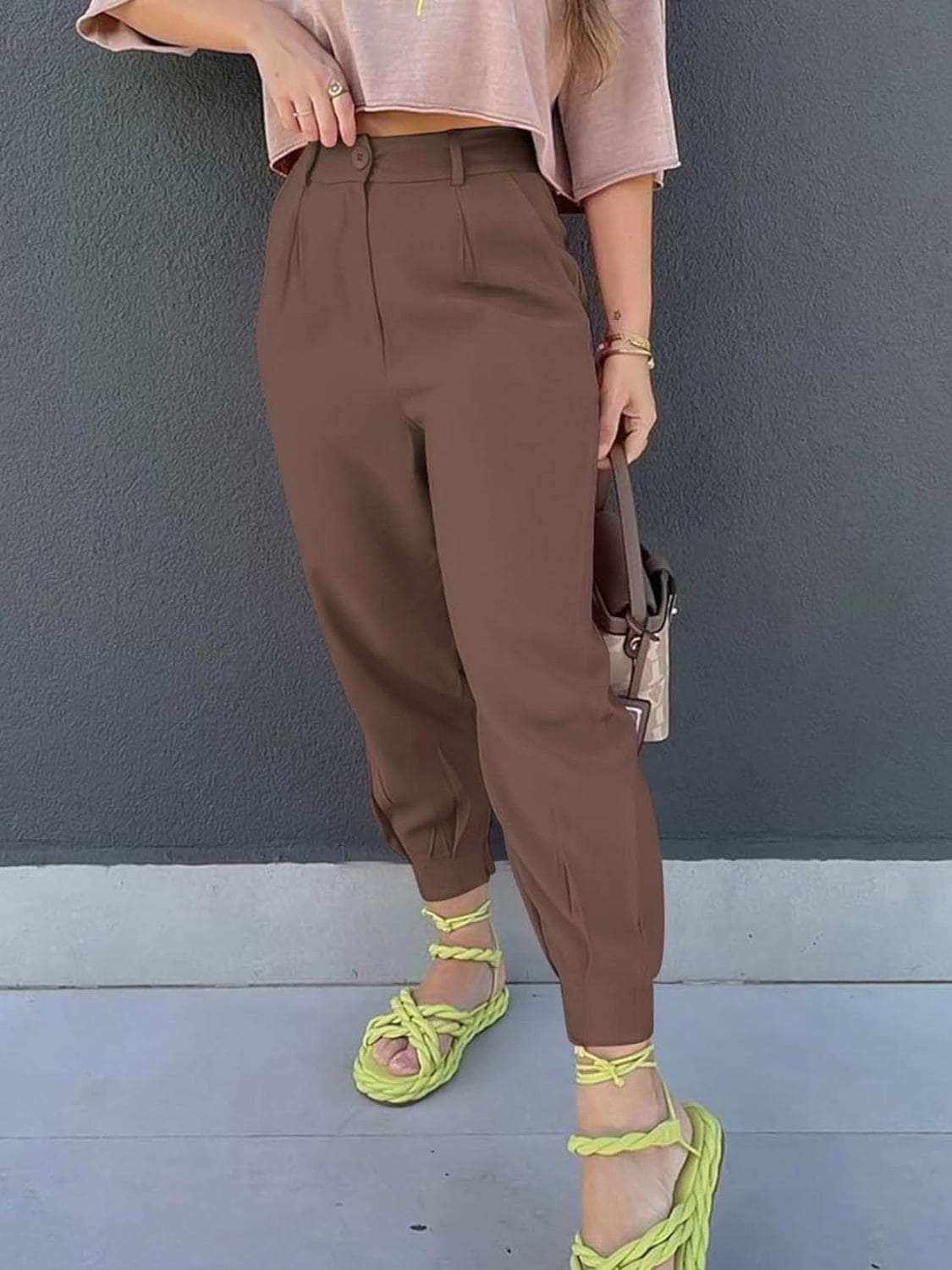 High Waist Cropped Pants Coffee Brown / S