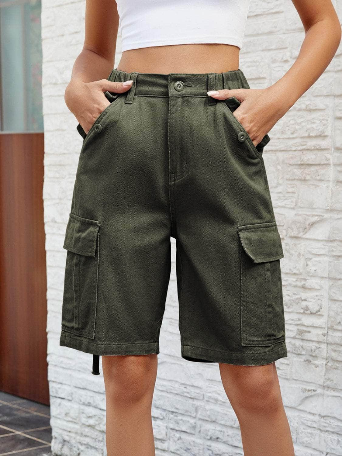 High Waist Denim Shorts with Pockets Army Green / S