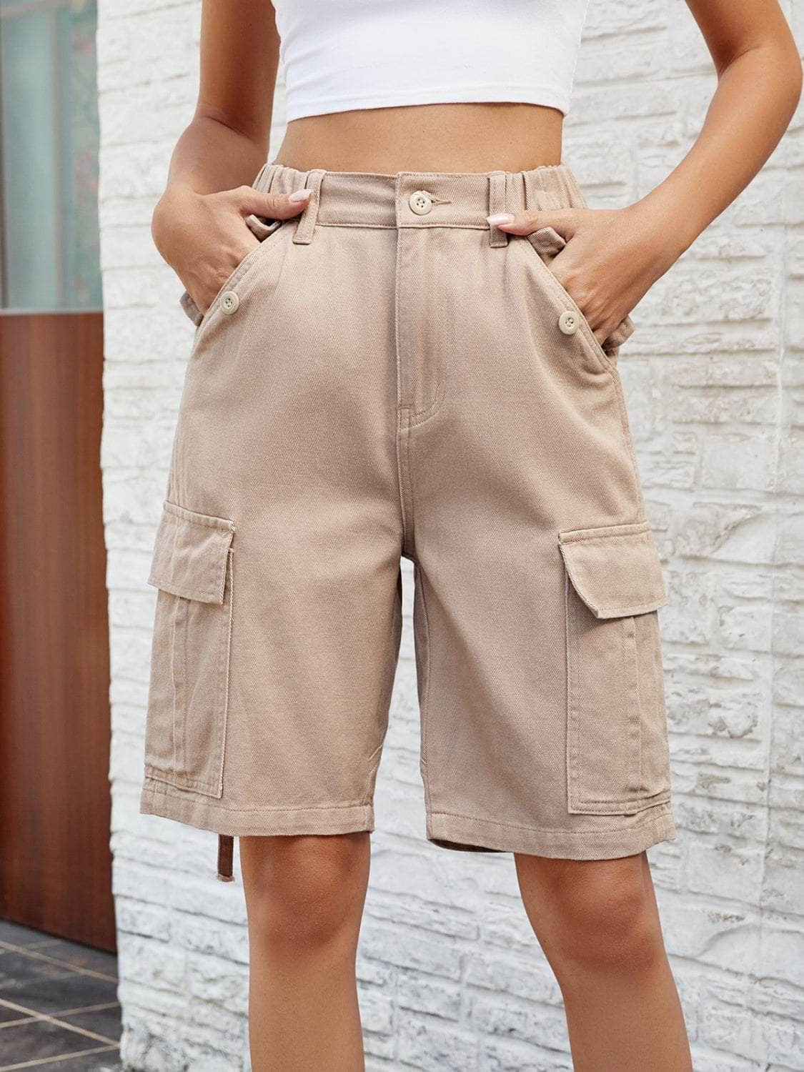 High Waist Denim Shorts with Pockets Tan / S