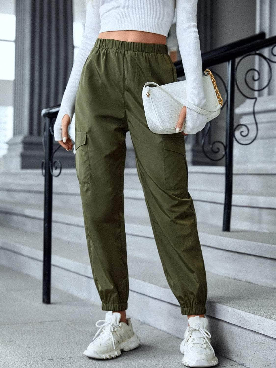 High Waist Joggers with Pockets Army Green / S