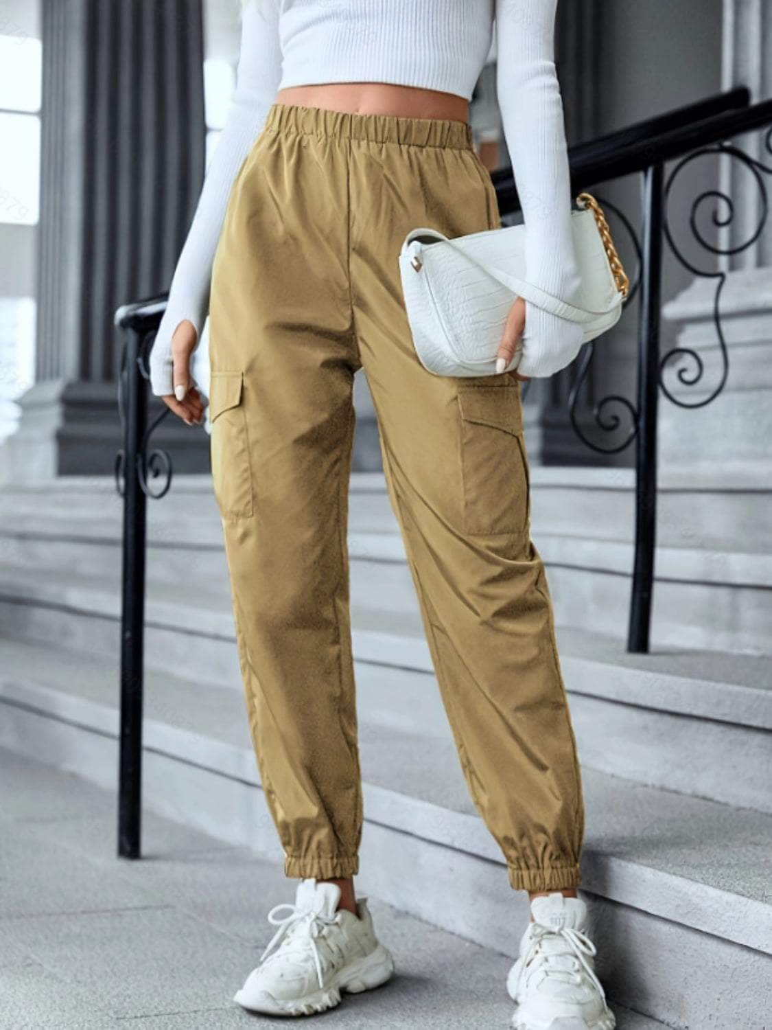 High Waist Joggers with Pockets Tan / S