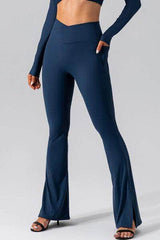 High Waist Slit Pocketed Active Pants Navy / S