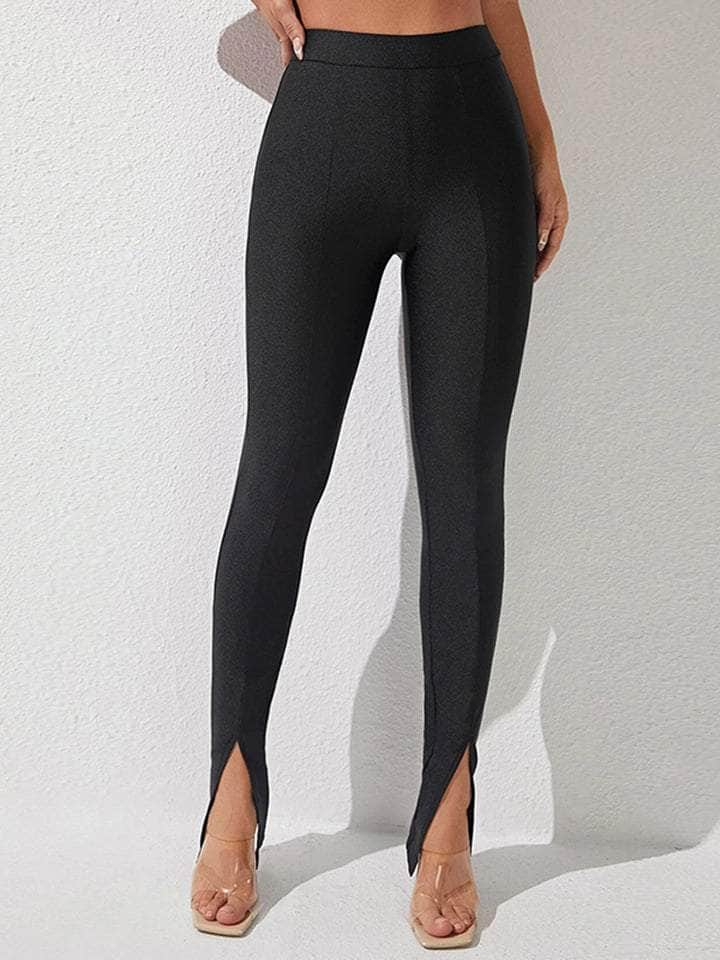 High Waist Slit Skinny Pants Black / S