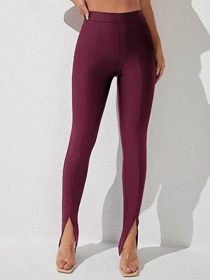 High Waist Slit Skinny Pants Wine / S