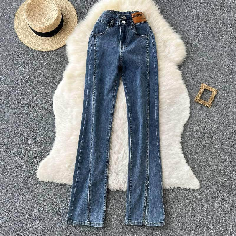 High Waist Split Hem Flare Legs Denim Pants