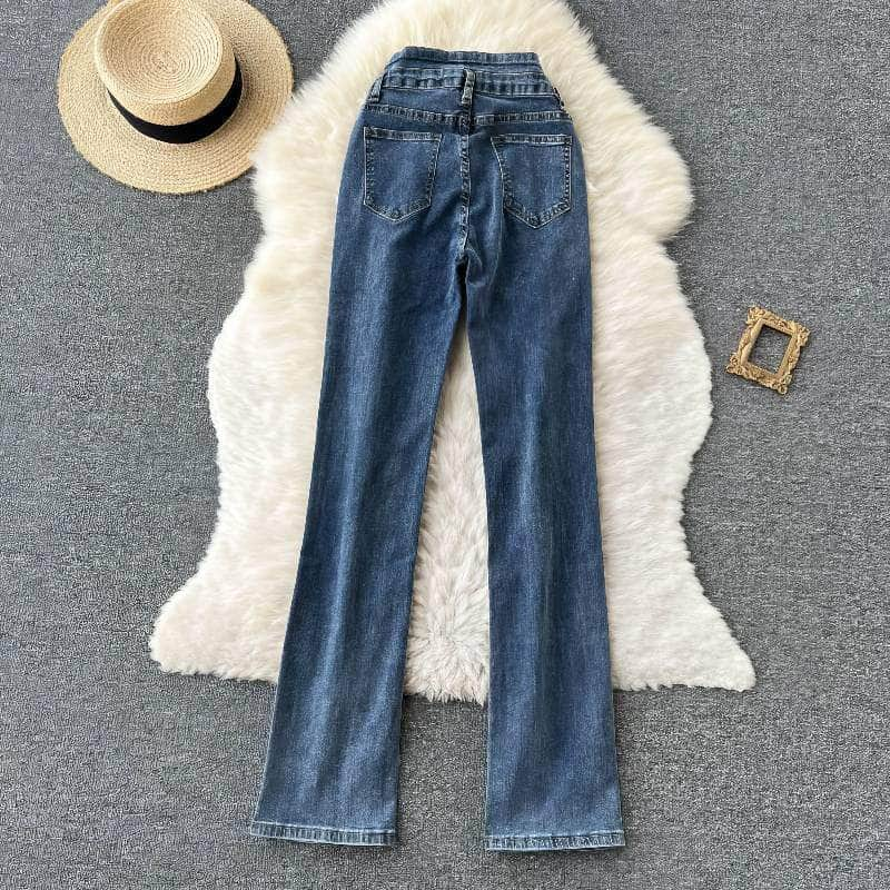 High Waist Split Hem Flare Legs Denim Pants