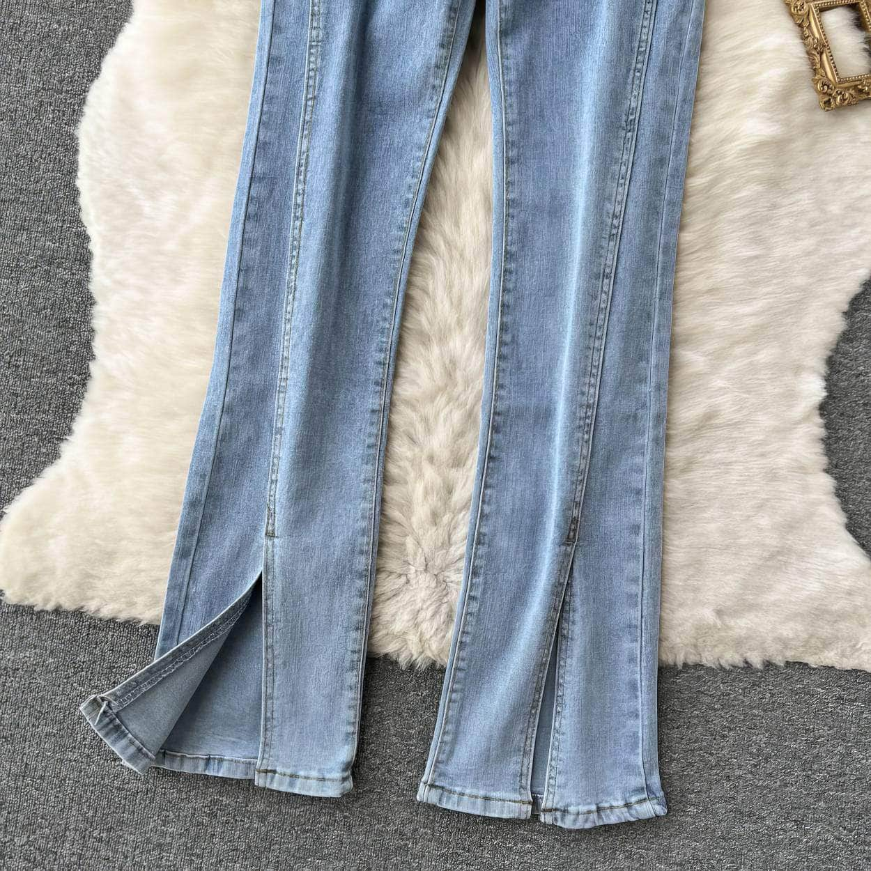 High Waist Split Hem Flare Legs Denim Pants