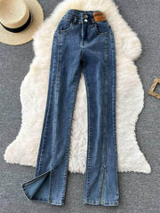 High Waist Split Hem Flare Legs Denim Pants