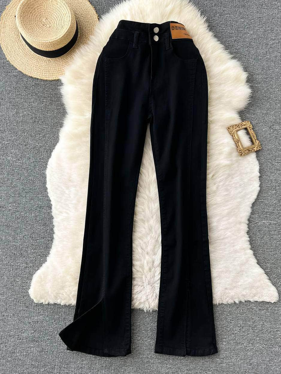 High Waist Split Hem Flare Legs Denim Pants XS / Black