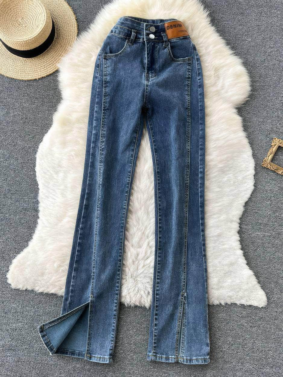 High Waist Split Hem Flare Legs Denim Pants XS / Blue