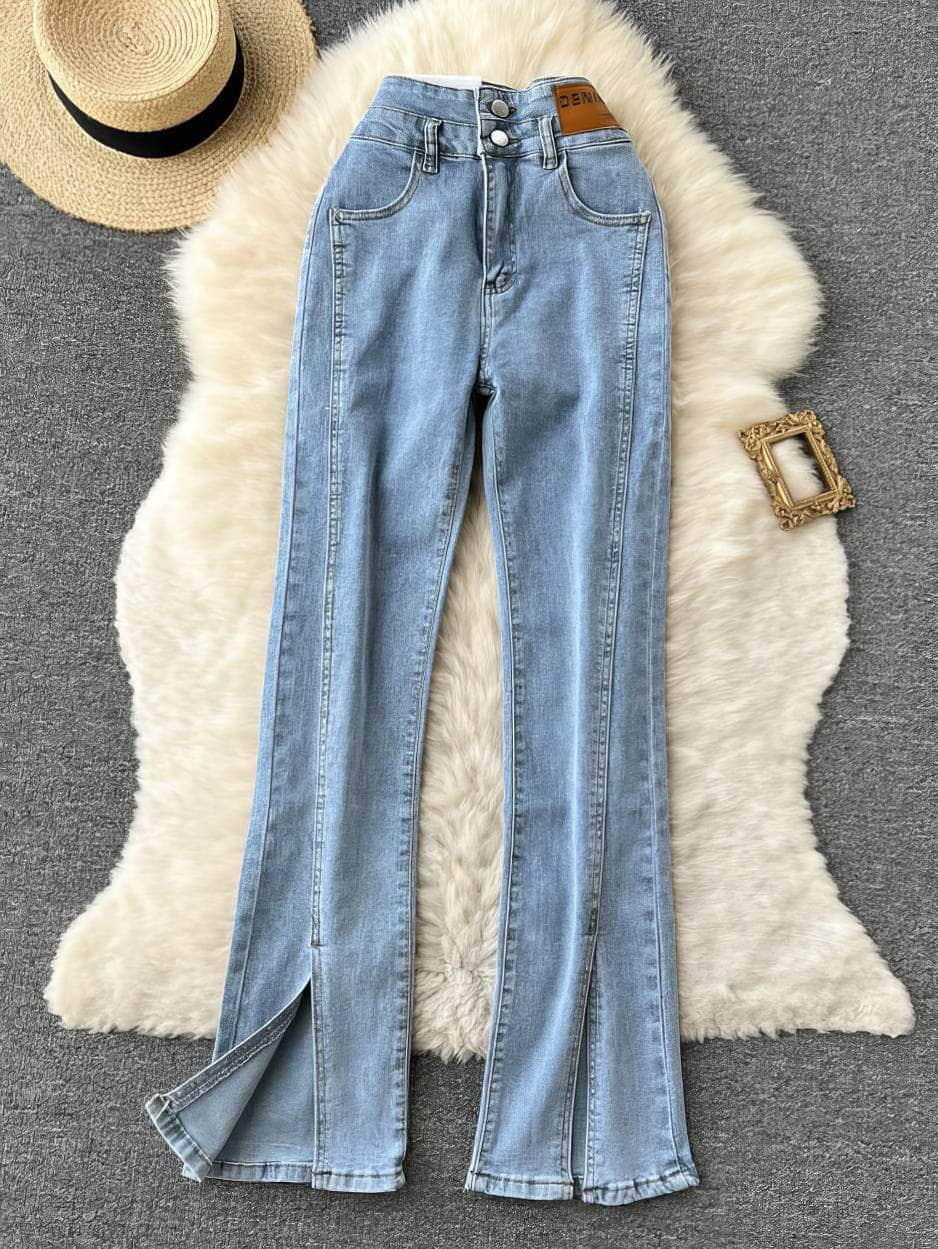 High Waist Split Hem Flare Legs Denim Pants XS / LightBlue