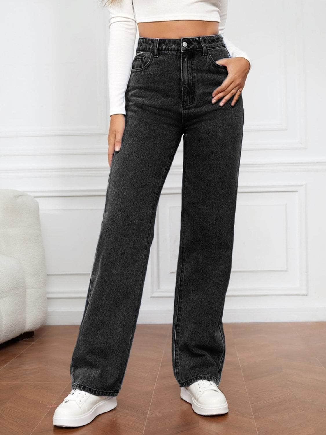 High Waist Straight Jeans Black / S