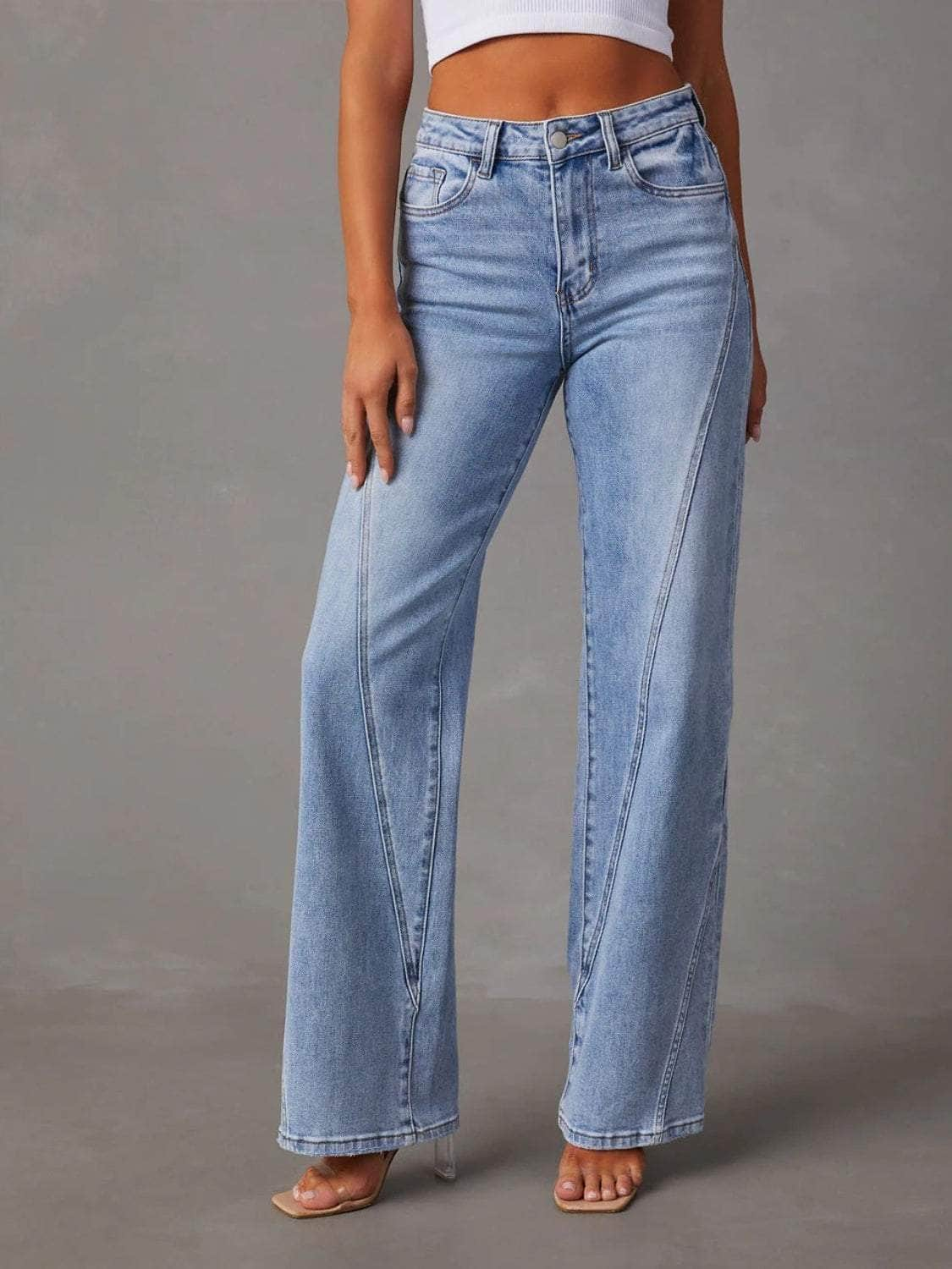 High Waist Straight Jeans with Pockets Light / S