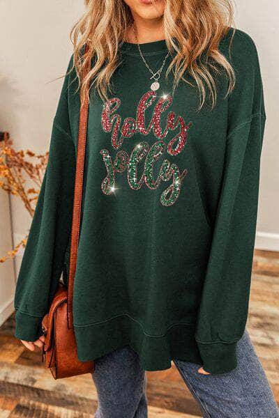 HOLLY JOLLY Sequin Round Neck Sweatshirt Black Forest / S