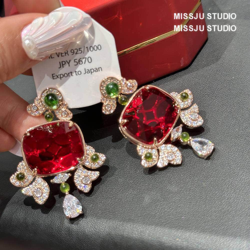 Honeycomb Ruby Rhinestone Studded Statement Earrings Multicolor