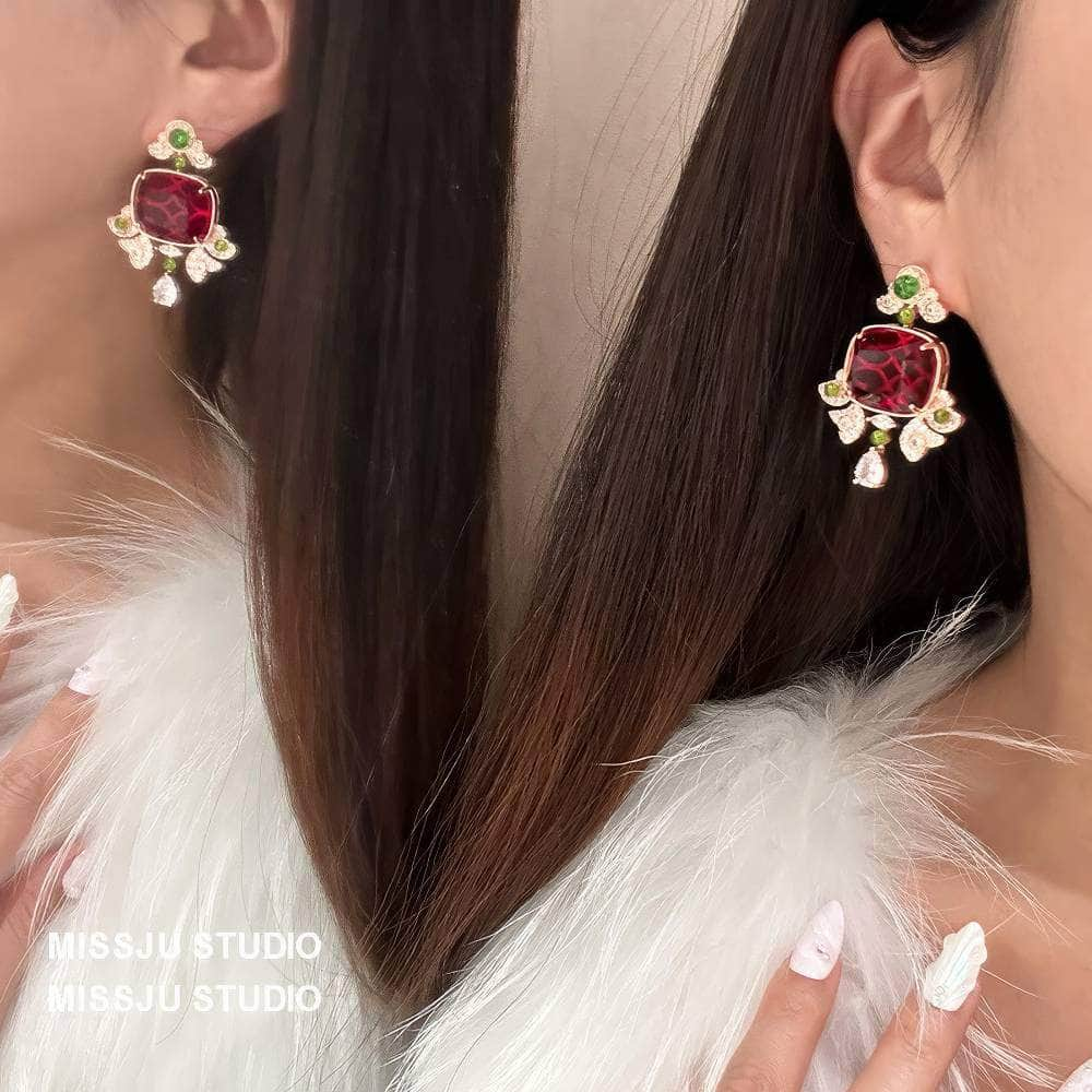 Honeycomb Ruby Rhinestone Studded Statement Earrings Multicolor