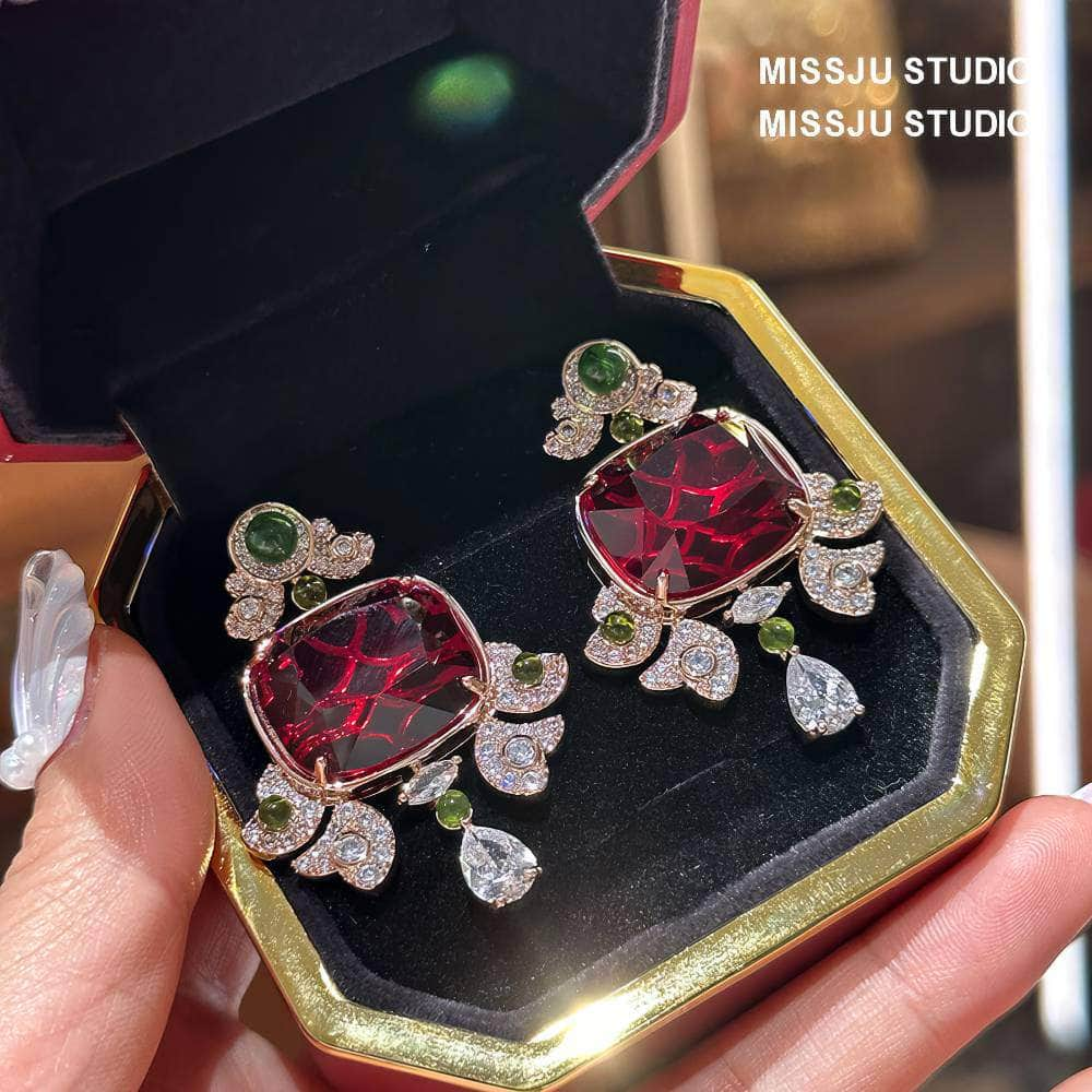 Honeycomb Ruby Rhinestone Studded Statement Earrings Multicolor