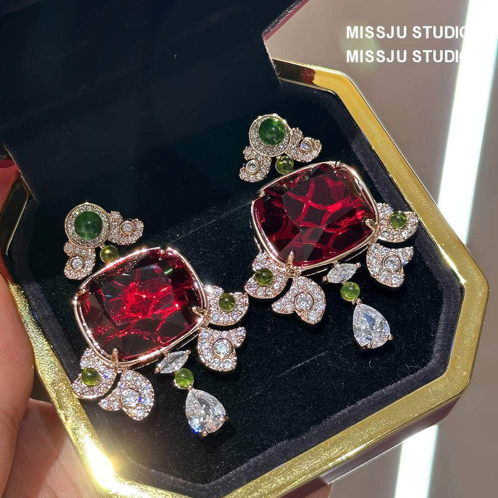 Honeycomb Ruby Rhinestone Studded Statement Earrings Multicolor