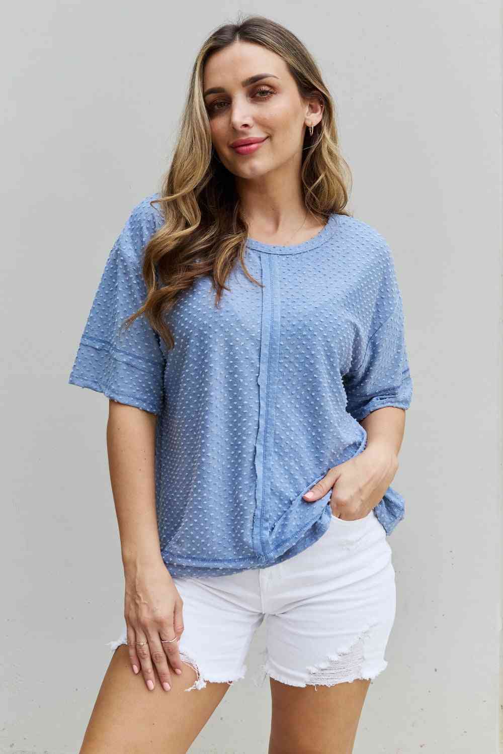 HOPELY Cater 2 You Swiss Dot Reverse Stitch Short Sleeve Top Pastel  Blue / S