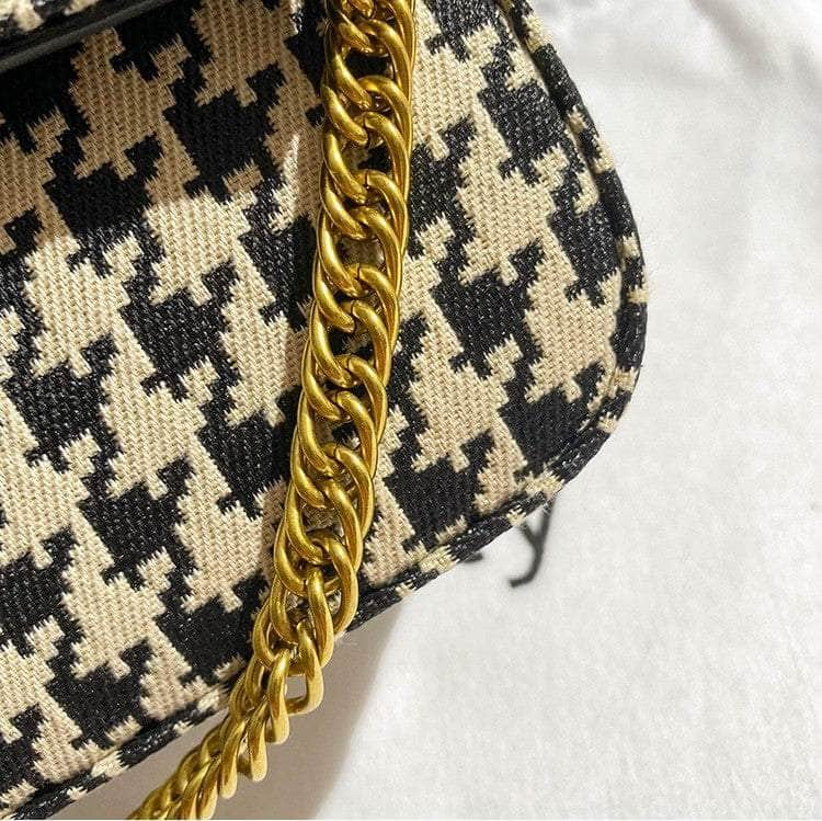 Houndstooth  Pattern Chain Accented Denim Handbag