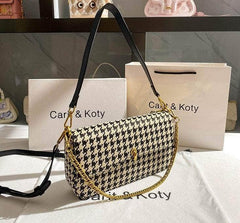 Houndstooth  Pattern Chain Accented Denim Handbag