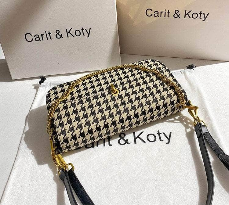 Houndstooth  Pattern Chain Accented Denim Handbag