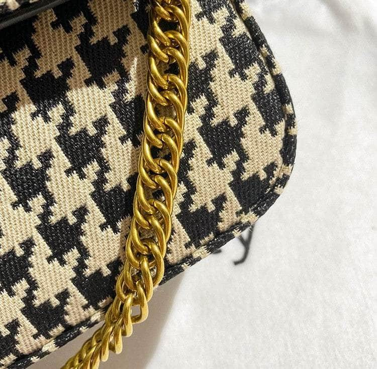 Houndstooth  Pattern Chain Accented Denim Handbag