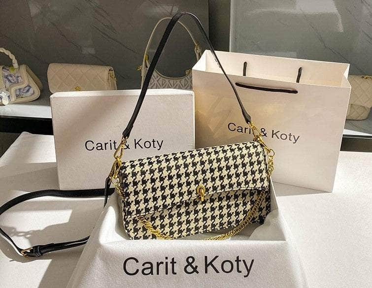 Houndstooth  Pattern Chain Accented Denim Handbag