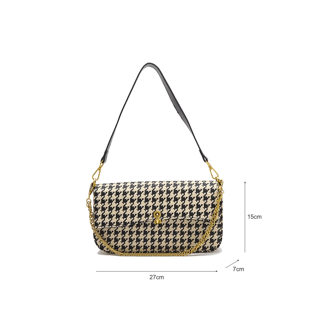 Houndstooth  Pattern Chain Accented Denim Handbag